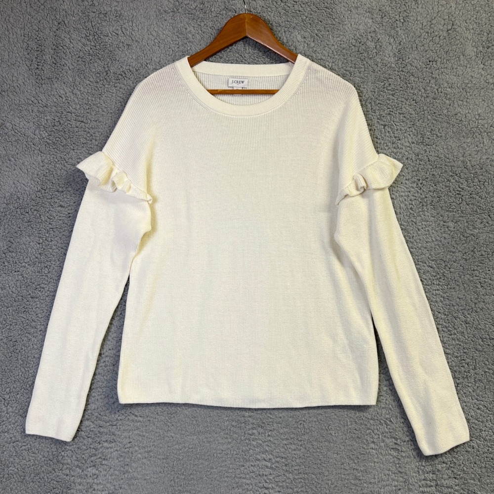 J. Crew Re-Imagined Ribbed Sweater Women XL Cream 100% Cotton Ruffle Long Sleeve